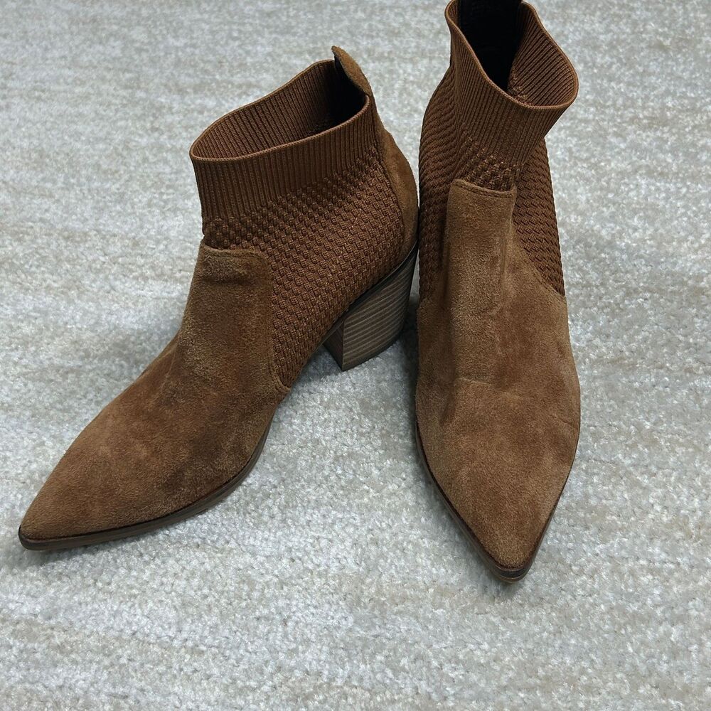 Cole Haan Ankle Boots Womens 8 B Brown Suede Pointed Toe Block Heel Knit Sock